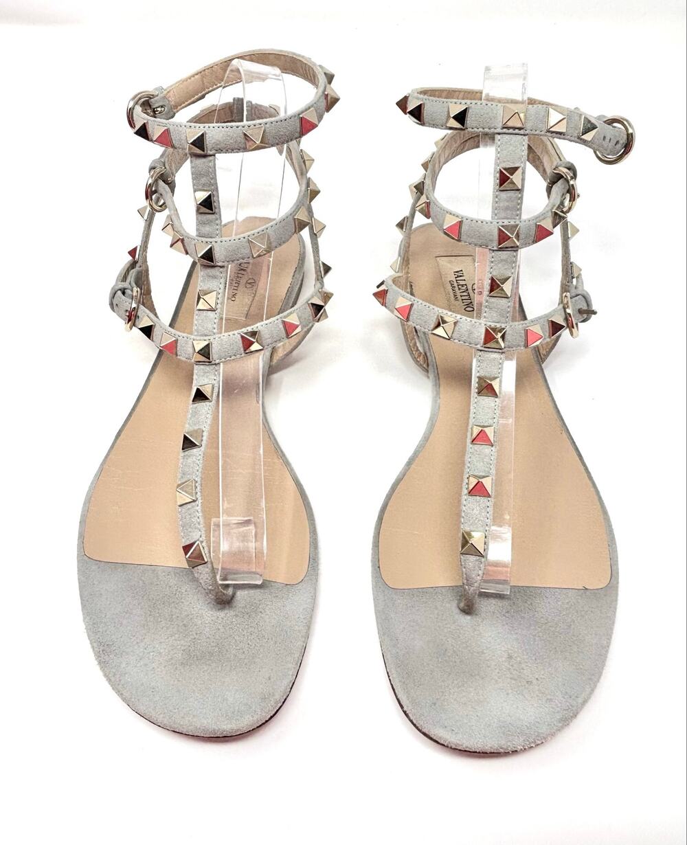 Valentino Garavani Rockstud Caged Gladiator Flat Sandals Grey Suede 40